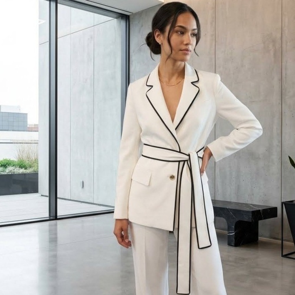 DKNY Womens White Contrast Piping Belted Blazer Jacket Size 4 Pockets Office